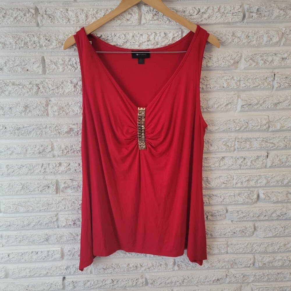 AB Studio Womens XL Tank Top Red Spandex Rayon Pleated V Neck Stretch RED57E